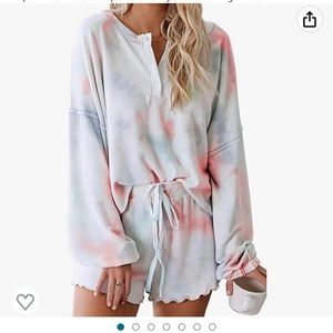 Lopie Womens Lounge Sets 2 Piece Pajamas Set Long Sleeve Top & Shorts Tie Dye